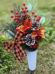 Artificial Christmas Glitter Cemetery Flowers with Vase, Bulk Wholesale Set for Grave Decoration