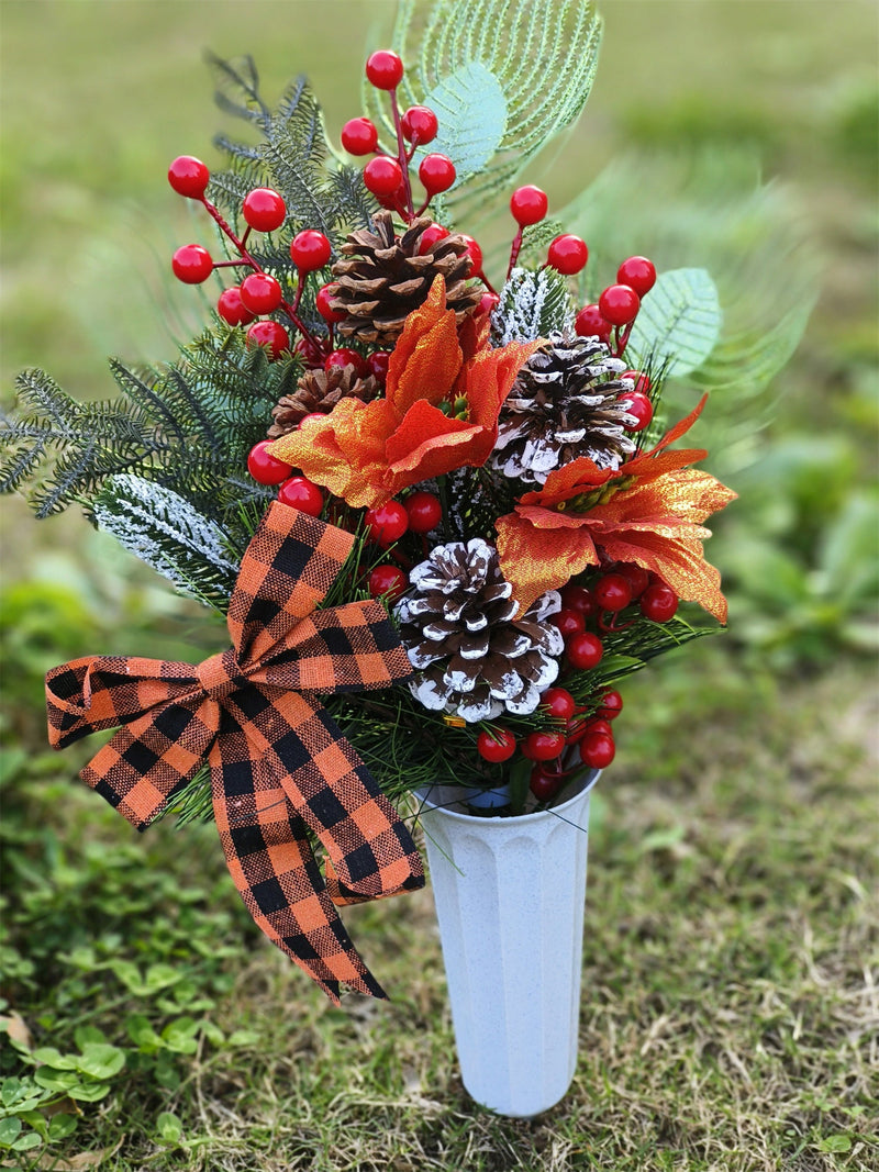 Artificial Christmas Glitter Cemetery Flowers with Vase, Bulk Wholesale Set for Grave Decoration