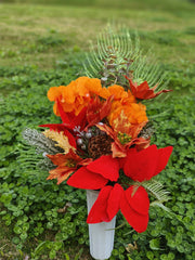 Artificial Christmas Glitter Cemetery Flowers with Vase, Bulk Wholesale Set for Grave Decoration