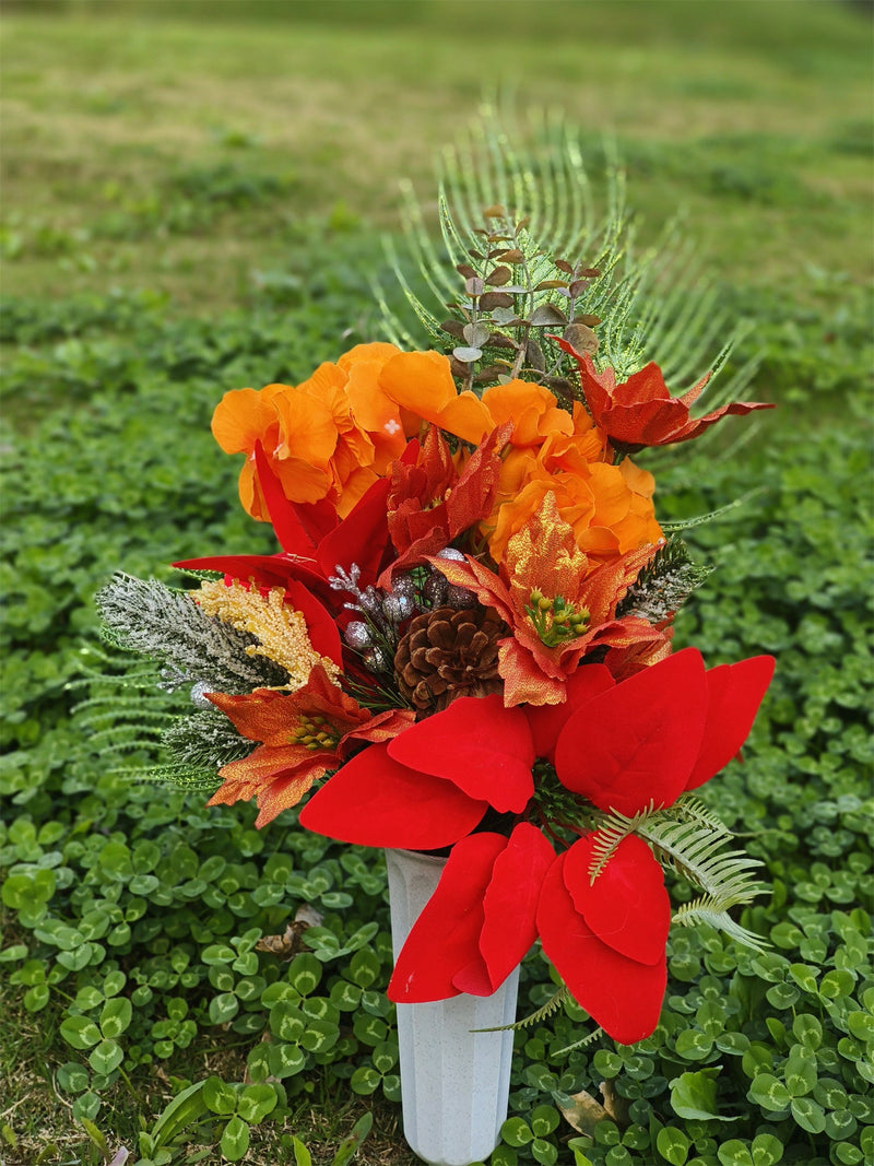 Artificial Christmas Glitter Cemetery Flowers with Vase, Bulk Wholesale Set for Grave Decoration