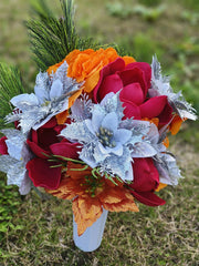 Artificial Christmas Glitter Cemetery Flowers with Vase, Bulk Wholesale Set for Grave Decoration