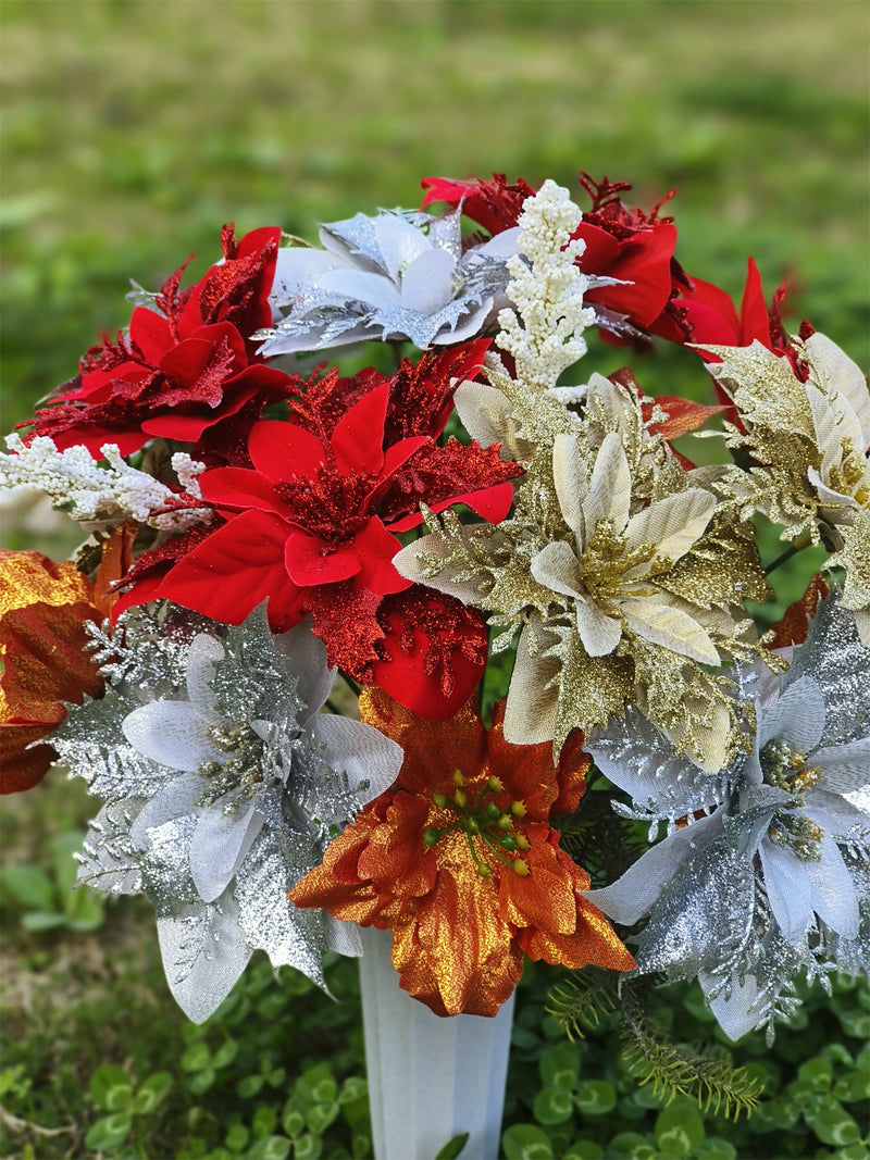 Artificial Christmas Glitter Cemetery Flowers with Vase, Bulk Wholesale Set for Grave Decoration