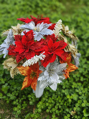 Artificial Christmas Glitter Cemetery Flowers with Vase, Bulk Wholesale Set for Grave Decoration