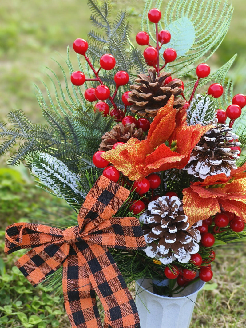 Artificial Christmas Glitter Cemetery Flowers with Vase, Bulk Wholesale Set for Grave Decoration
