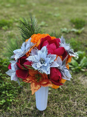 Artificial Christmas Glitter Cemetery Flowers with Vase, Bulk Wholesale Set for Grave Decoration