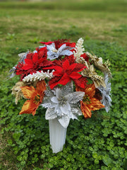 Artificial Christmas Glitter Cemetery Flowers with Vase, Bulk Wholesale Set for Grave Decoration