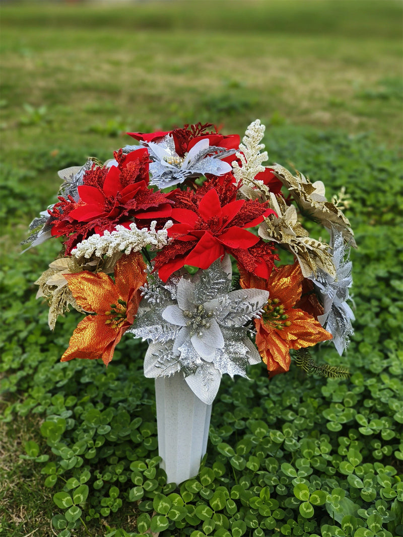 Artificial Christmas Glitter Cemetery Flowers with Vase, Bulk Wholesale Set for Grave Decoration