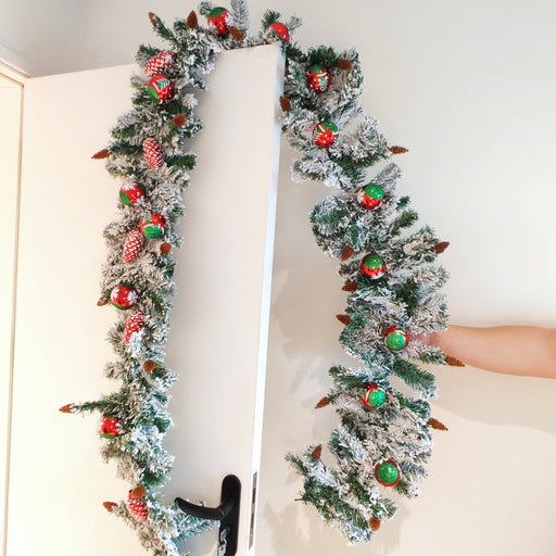 9 Ft Artificial Snowy Cedar Garland with Ornaments, Luxury Holiday Decoration, Bulk Quantity