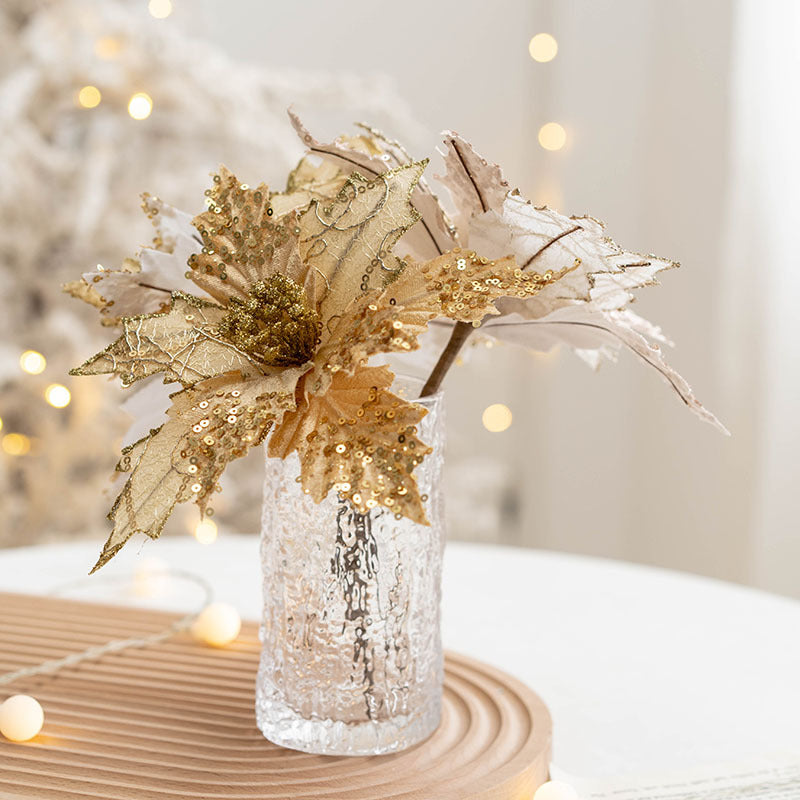9.8 Inch Artificial Glitter Poinsettia Picks for Christmas Tree Ornaments, Bulk Quantity