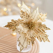 9.8 Inch Artificial Glitter Poinsettia Picks for Christmas Tree Ornaments, Bulk Quantity