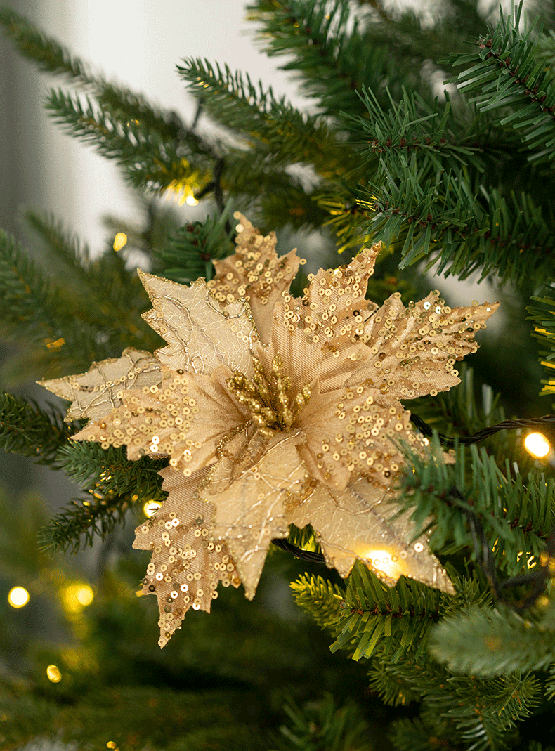 9.8 Inch Artificial Glitter Poinsettia Picks for Christmas Tree Ornaments, Bulk Quantity
