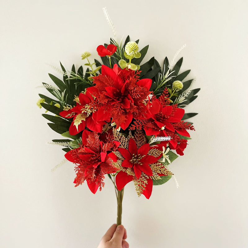 19 Inch Artificial Glitter Christmas Poinsettia Bush Bouquet – Bulk Quantity