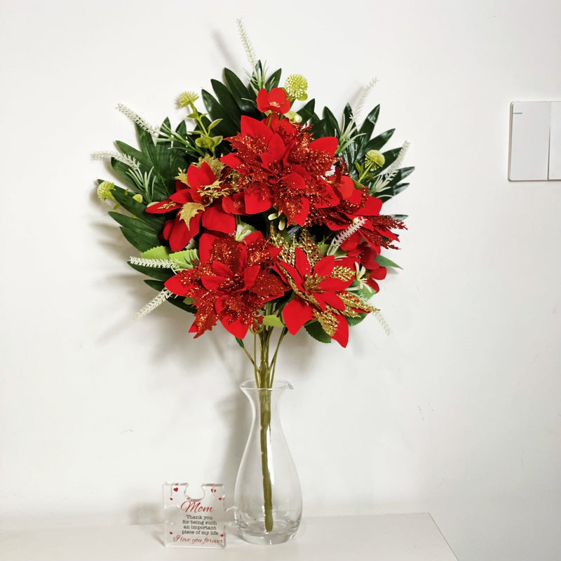 19 Inch Artificial Glitter Christmas Poinsettia Bush Bouquet – Bulk Quantity
