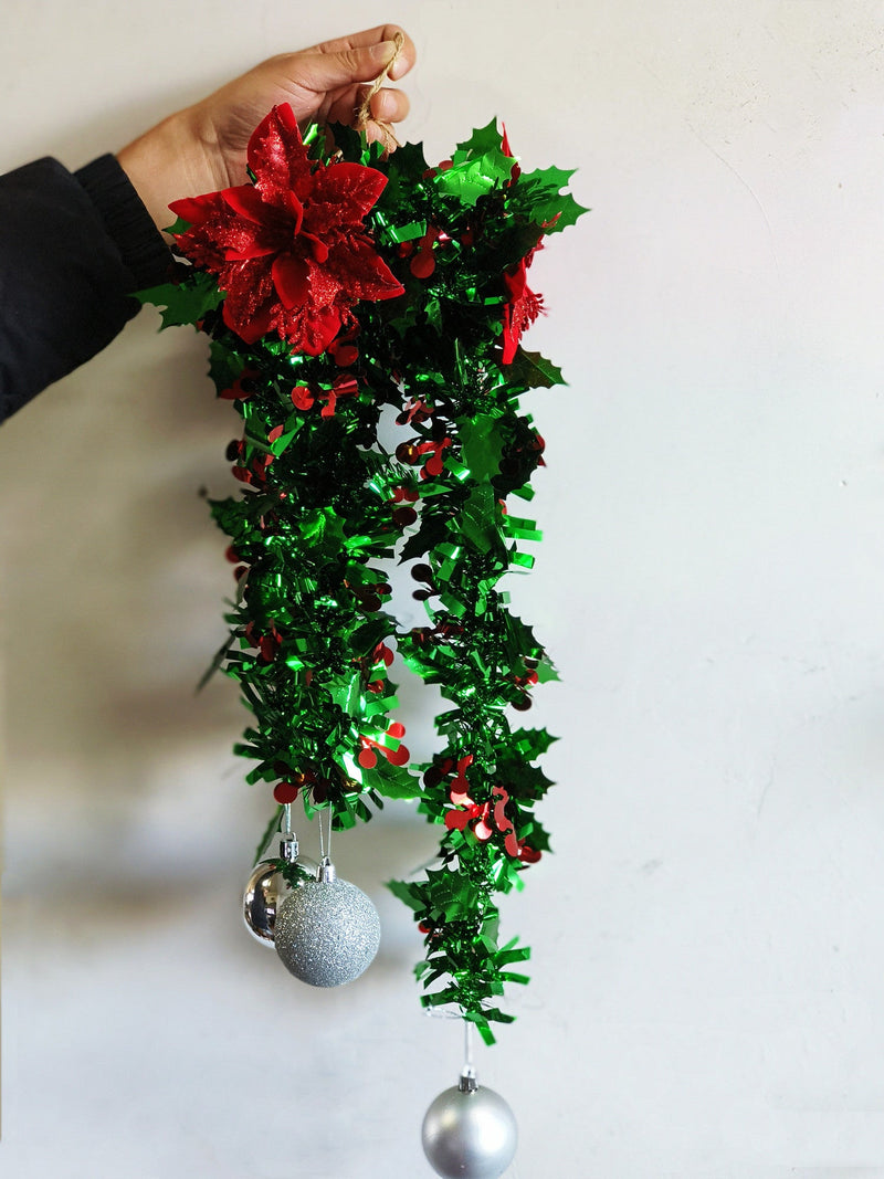 Christmas Tinsel Garland with Ball Ornaments, Bulk Xmas Tree Decorations, Artificial Holiday Decor