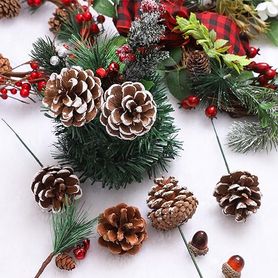 20 Pcs 2 Inch Artificial Snow-Tipped Pine Cone Picks for Christmas Decor Bulk
