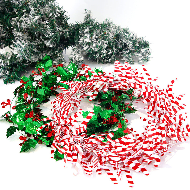 3 Pcs Christmas Tinsel Garland with Snowflake, Candy Cane & Leaf Decorations, Bulk Artificial Holiday Decor