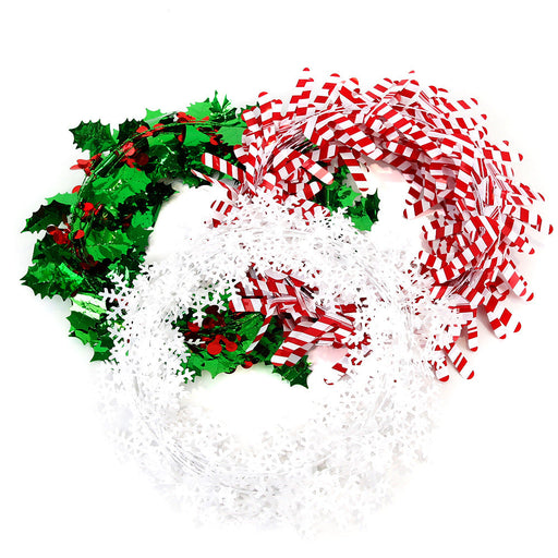3 Pcs Christmas Tinsel Garland with Snowflake, Candy Cane & Leaf Decorations, Bulk Artificial Holiday Decor