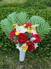Large Artificial Peony and Daisy Cemetery Flowers with Vase, Bulk Set, Tall Silk Floral Arrangement