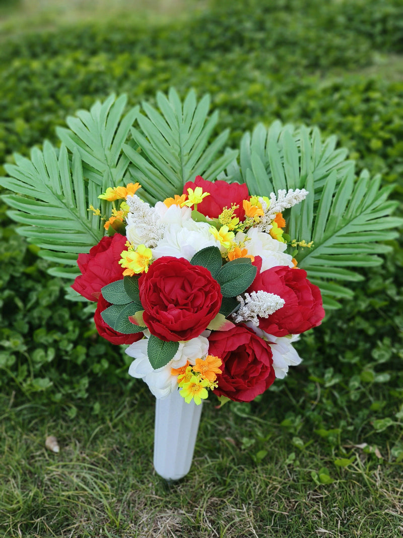 Large Artificial Peony and Daisy Cemetery Flowers with Vase, Bulk Set, Tall Silk Floral Arrangement