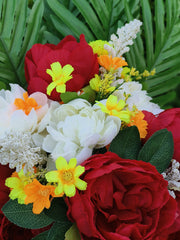 Large Artificial Peony and Daisy Cemetery Flowers with Vase, Bulk Set, Tall Silk Floral Arrangement