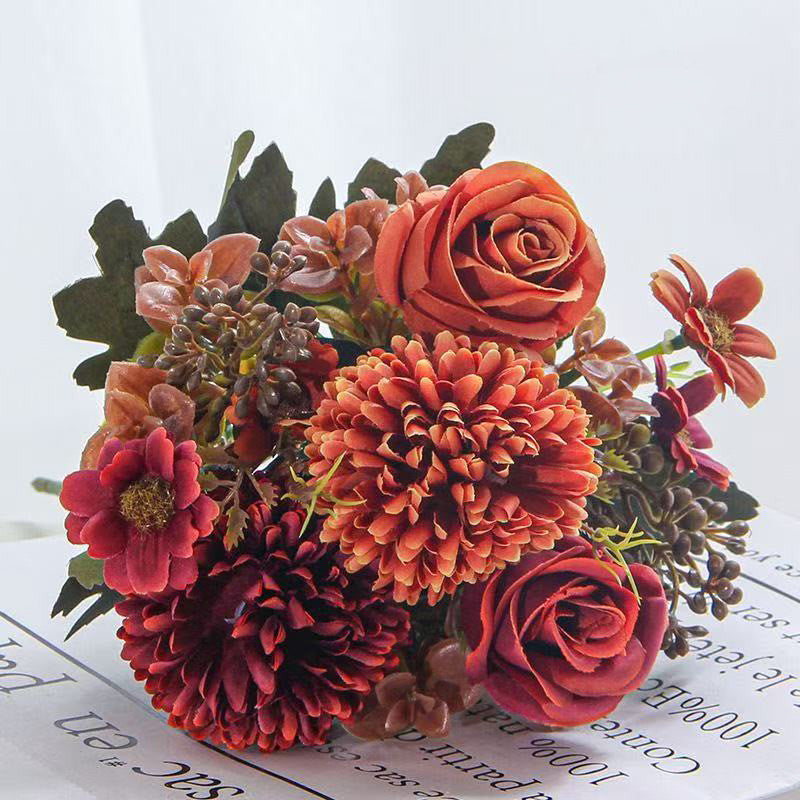 12 Inch Artificial Silk Fall Flowers Bouquet, 10 Stems Mixed Chrysanthemum Rose Daisy Mums Faux Floral Arrangement