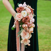 9 Inch Artificial Orchid Bouquet 6 Stems Coral Champagne Sunset Cascading Bridal Wedding Flowers