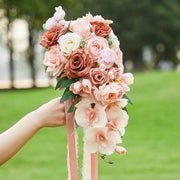 9 Inch Artificial Orchid Bouquet 6 Stems Coral Champagne Sunset Cascading Bridal Wedding Flowers