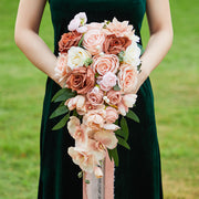 9 Inch Artificial Orchid Bouquet 6 Stems Coral Champagne Sunset Cascading Bridal Wedding Flowers