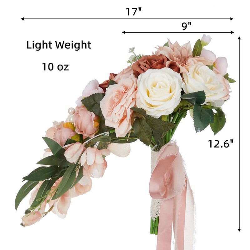 9 Inch Artificial Orchid Bouquet 6 Stems Coral Champagne Sunset Cascading Bridal Wedding Flowers
