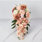 9 Inch Artificial Orchid Bouquet 6 Stems Coral Champagne Sunset Cascading Bridal Wedding Flowers