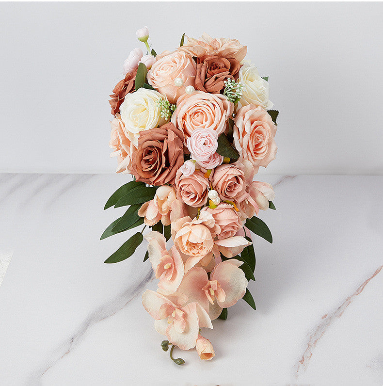 9 Inch Artificial Orchid Bouquet 6 Stems Coral Champagne Sunset Cascading Bridal Wedding Flowers