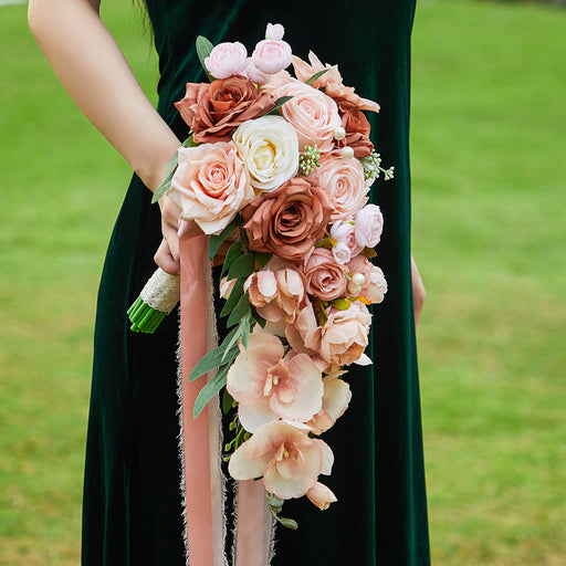 9 Inch Artificial Orchid Bouquet 6 Stems Coral Champagne Sunset Cascading Bridal Wedding Flowers