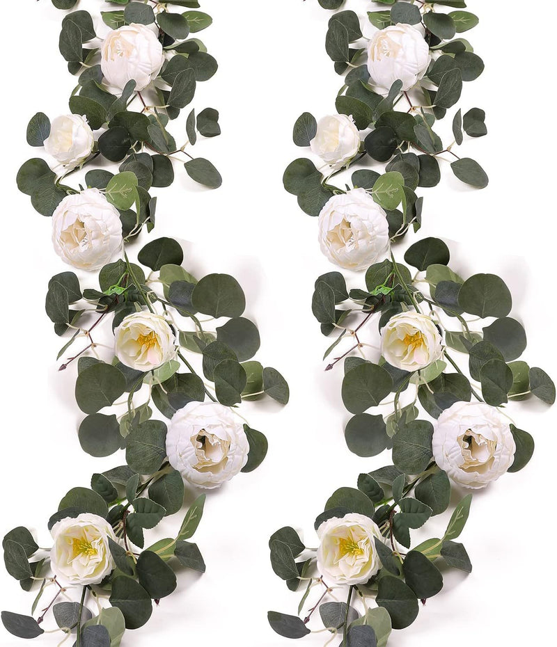 2 Pack Artificial Peony Flower and Eucalyptus Garlands Bulk Silk Floral Decor