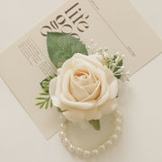 Cream Rose Wrist Corsage Bracelet and Men Boutonniere Set for Wedding, Bulk Artificial Flowers