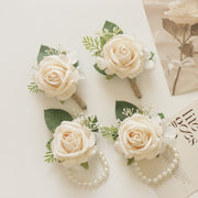 Cream Rose Wrist Corsage Bracelet and Men Boutonniere Set for Wedding, Bulk Artificial Flowers
