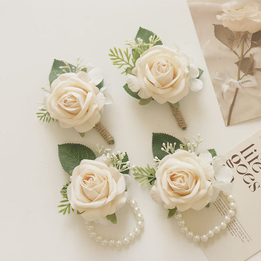 Cream Rose Wrist Corsage Bracelet and Men Boutonniere Set for Wedding, Bulk Artificial Flowers