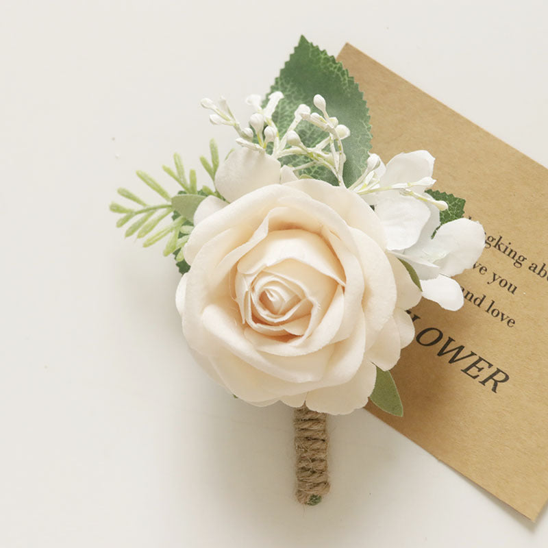 Cream Rose Wrist Corsage Bracelet and Men Boutonniere Set for Wedding, Bulk Artificial Flowers