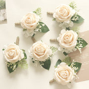 Cream Rose Wrist Corsage Bracelet and Men Boutonniere Set for Wedding, Bulk Artificial Flowers