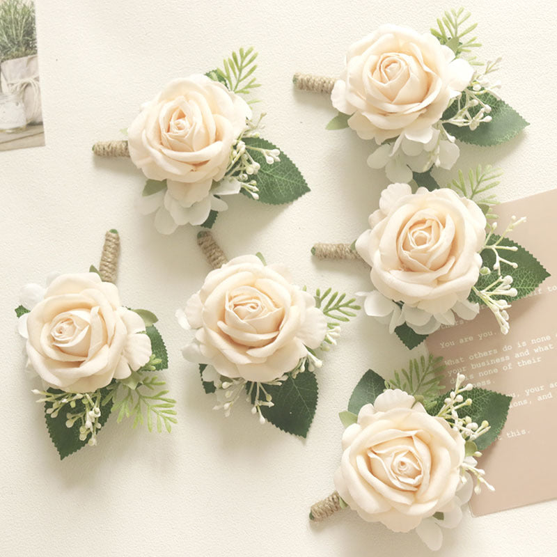 Cream Rose Wrist Corsage Bracelet and Men Boutonniere Set for Wedding, Bulk Artificial Flowers