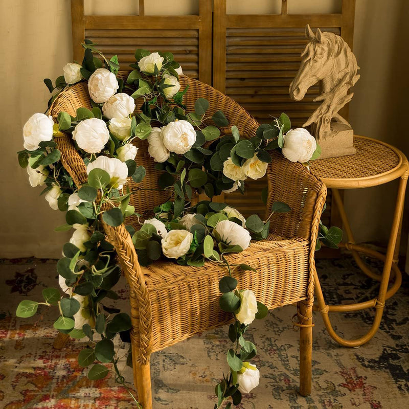 2 Pack Artificial Peony Flower and Eucalyptus Garlands Bulk Silk Floral Decor