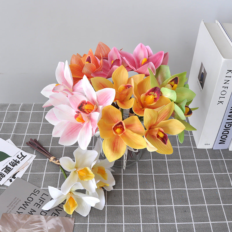10 Inch Cymbidium Bouquet Artificial Yellow Flowers 10 Stems Real Touch Arrangement