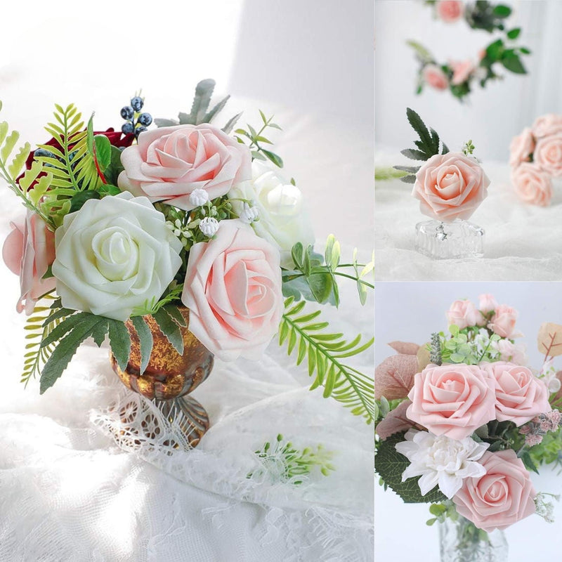 25 Pcs Artificial Foam Roses with Bendable Stems, 12 Inch, Ivory White Purple for DIY Wedding Bouquets and Centerpieces