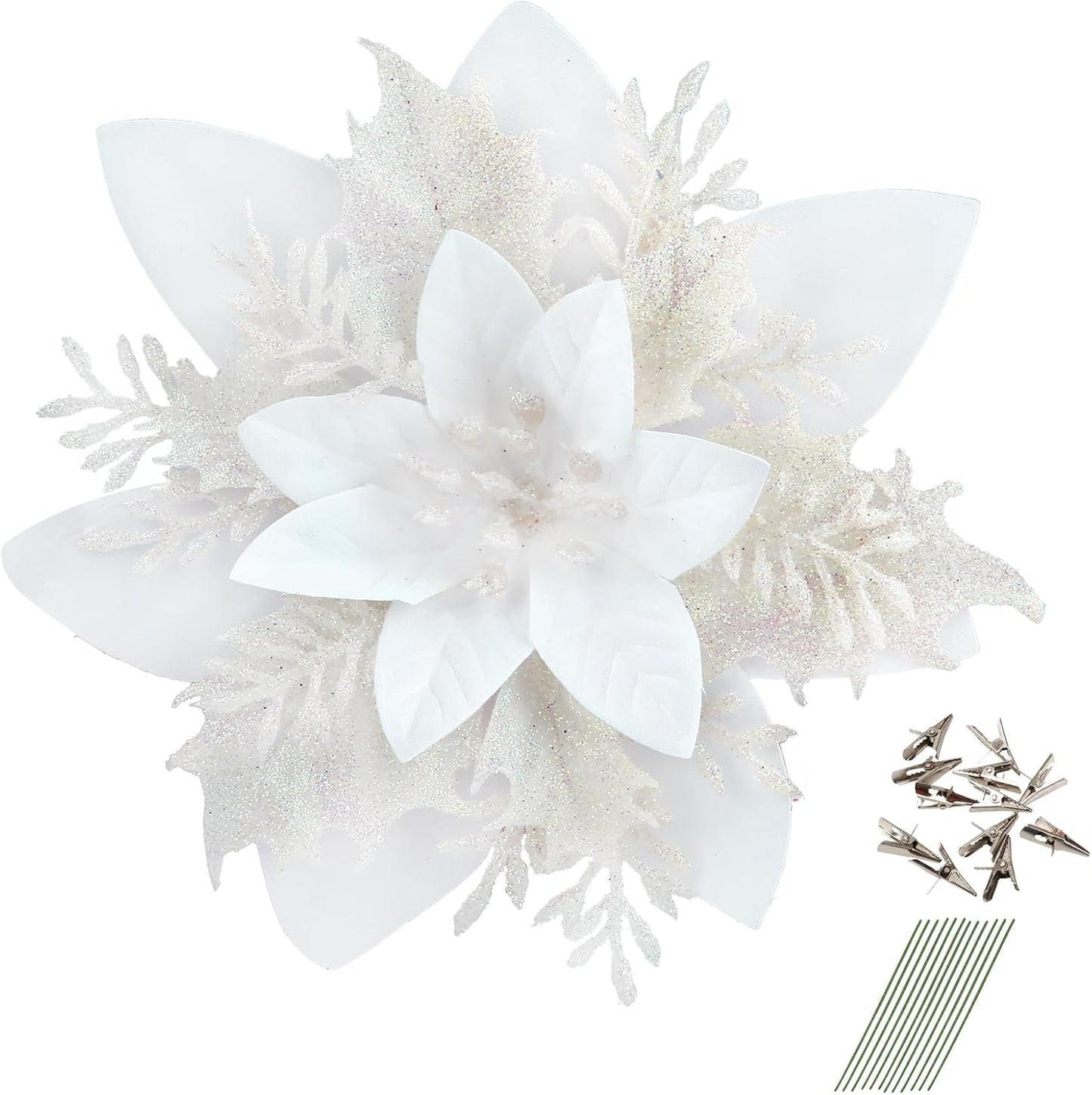 Bulk 12Pcs 5.5" Glitter Poinsettia Artificial Flowers with Clips for Christmas Tree Ornaments Wedding Party DIY Wreath Decor Wholesale