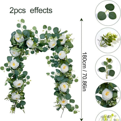Bulk 2Pcs 5.9Ft Artificial Eucalyptus Garland with Roses Faux Flower Vine for Wedding Party Home Table Decor Wholesale