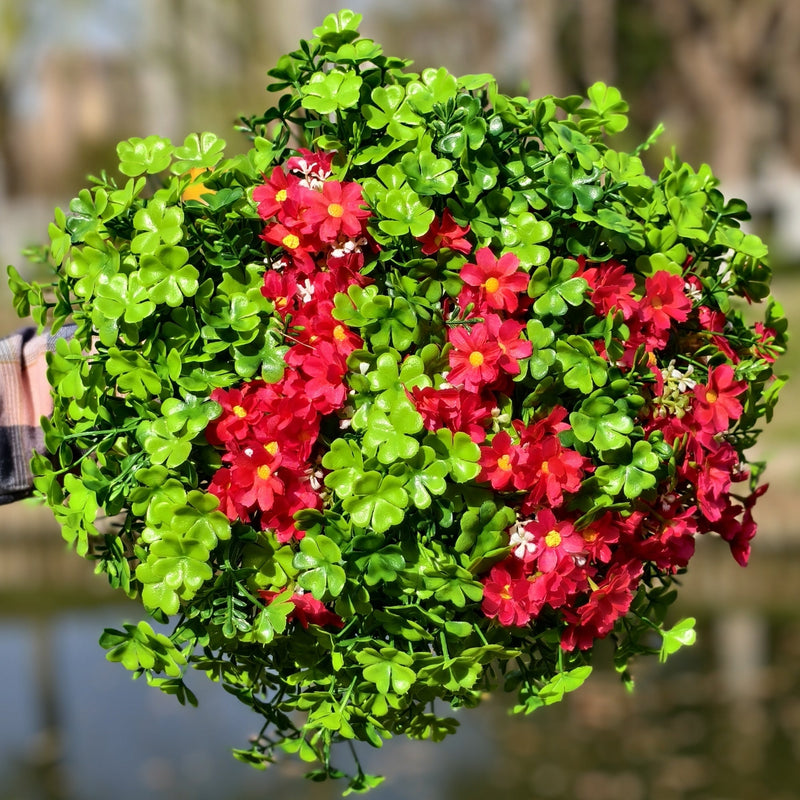 18 Bundles Artificial Red Daisy and Clover Flowers UV Resistant Outdoor Plants