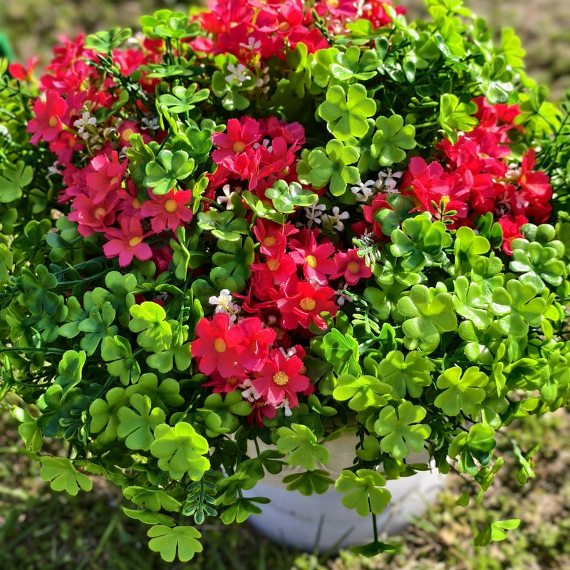 18 Bundles Artificial Red Daisy and Clover Flowers UV Resistant Outdoor Plants