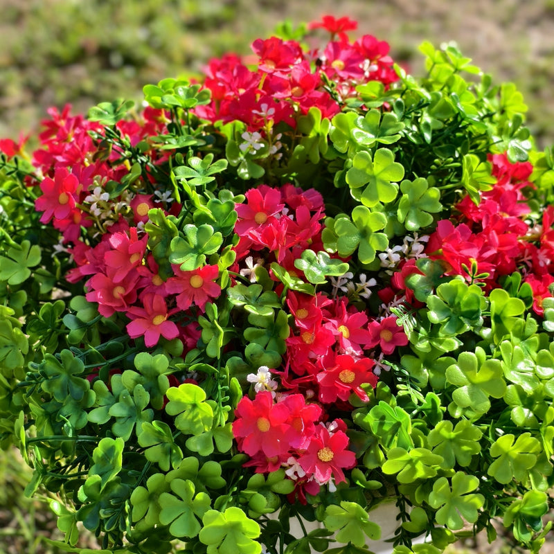 18 Bundles Artificial Red Daisy and Clover Flowers UV Resistant Outdoor Plants