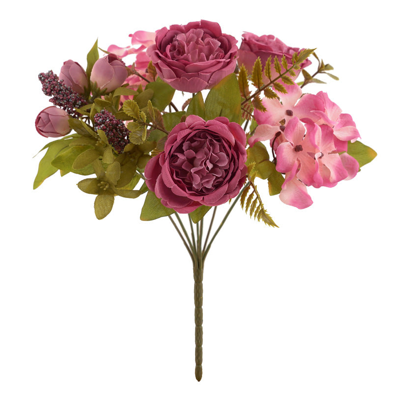 12.5 Inch Mixed Artificial Flower Bouquet 10 Pcs Peony Rose Bud Hydrangea Bush Arrangement