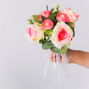7 Inch Small Artificial Pink Rose Bridal Bouquet 1 Pc Free-Form Silk Flower Arrangement