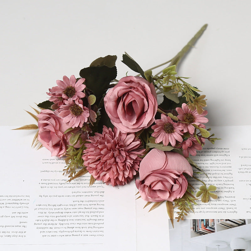 11.8 Inch Artificial Rose Bush Bouquet with Mum & Daisy, Mixed Small Silk Flowers, 1 Bouquet for Table Arrangement, Home Decor, Wedding DIY